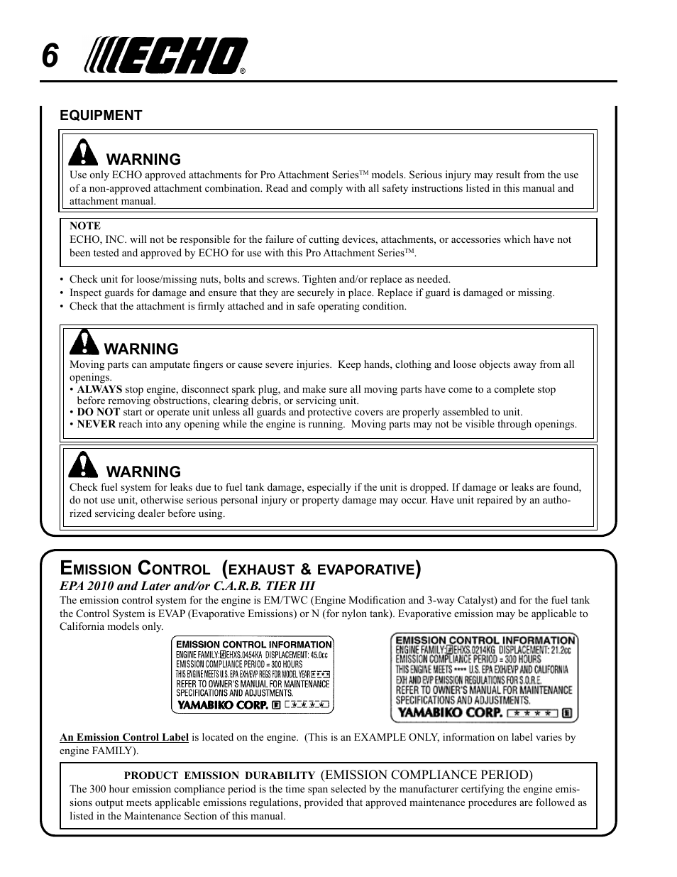 Emission control (exhaust & evaporative) | Echo PRO ATTACHMENT SERIES PAS-265 User Manual | Page 6 / 32