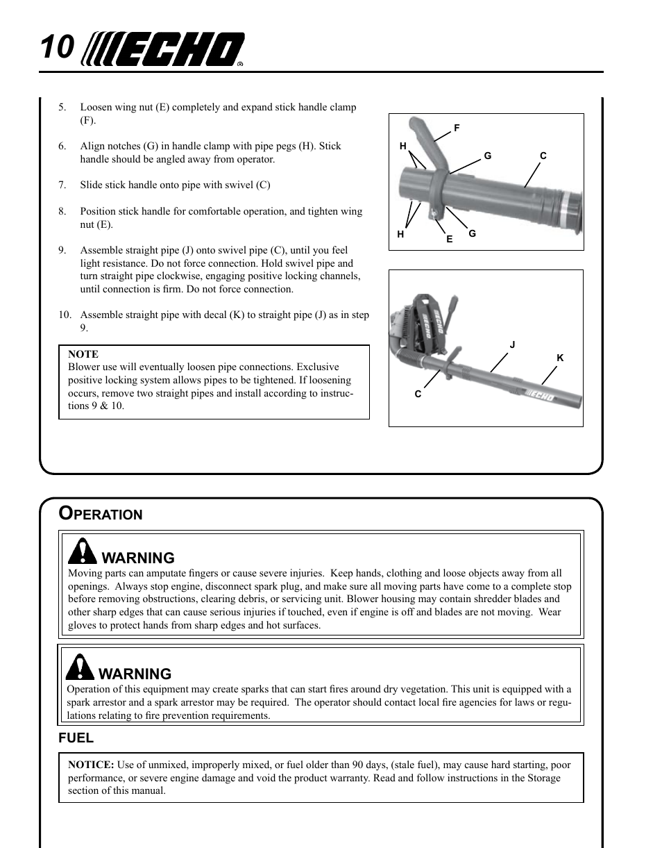 Operation, Fuel, Warning | Echo PB-620H User Manual | Page 10 / 28