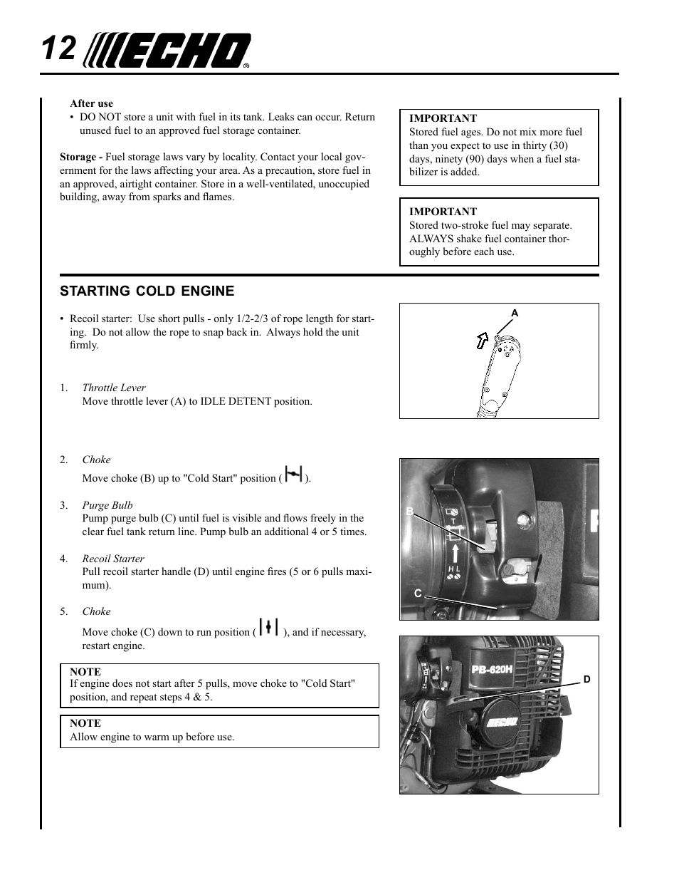 Starting cold engine | Echo PB-620H User Manual | Page 12 / 28