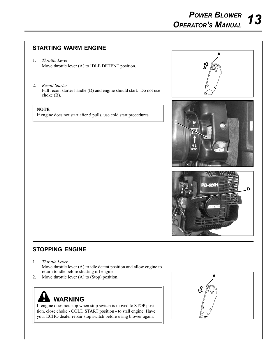 Starting warm engine, Stopping engine | Echo PB-620H User Manual | Page 13 / 28