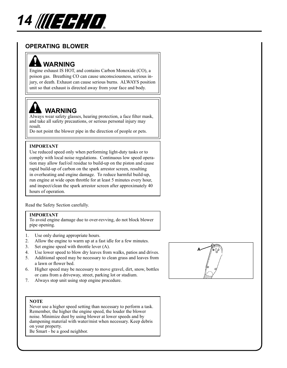 Operating blower, Warning | Echo PB-620H User Manual | Page 14 / 28