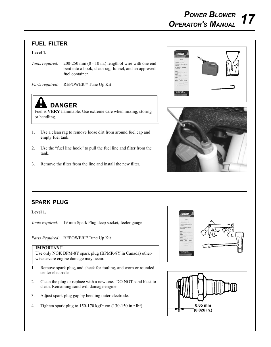 Fuel filter, Spark plug | Echo PB-620H User Manual | Page 17 / 28