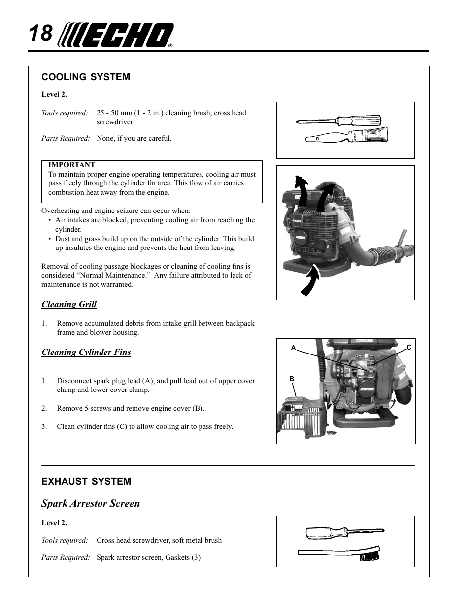 Cooling system, Exhaust system, Spark arrestor screen | Echo PB-620H User Manual | Page 18 / 28