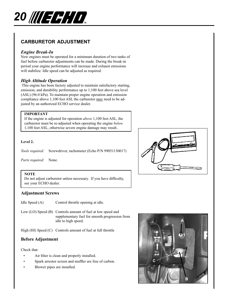 Carburetor adjustment | Echo PB-620H User Manual | Page 20 / 28