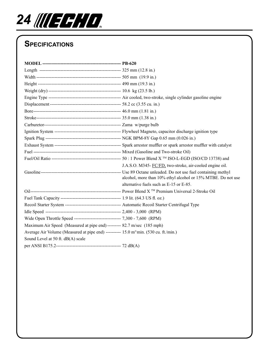 Specifications | Echo PB-620H User Manual | Page 24 / 28