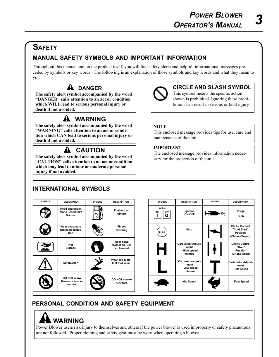 Safety, Warning, Caution | Ower, Lower, Perator, Anual international, Symbols personal, Condition, Equipment | Echo PB-620H User Manual | Page 3 / 28