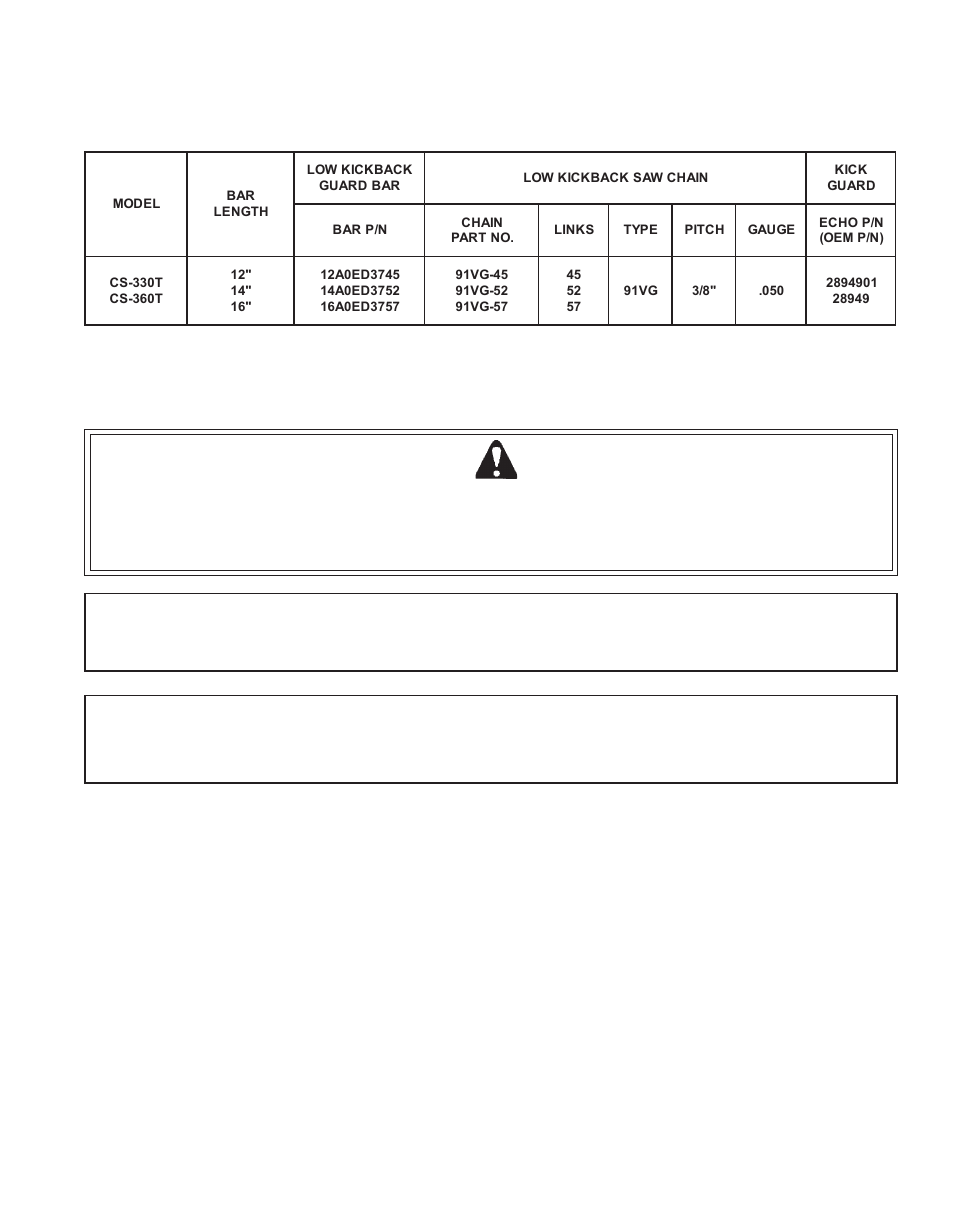 Chain and guide bar combinations, Warning danger, Hain | Uide, Ombinations | Echo CS-330T User Manual | Page 21 / 28