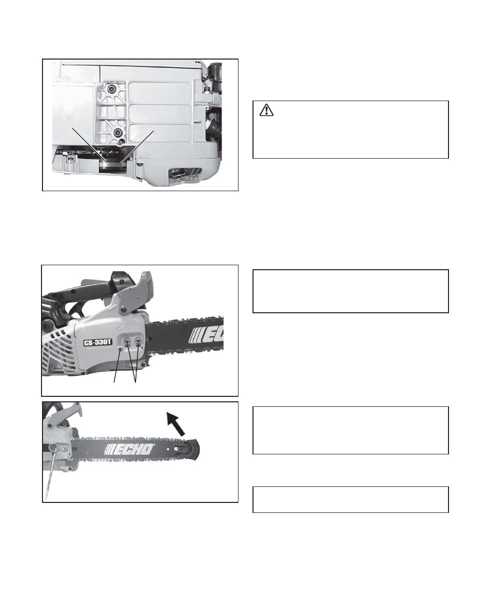 Adjustment, chain tension, Danger | Echo CS-330T User Manual | Page 9 / 28