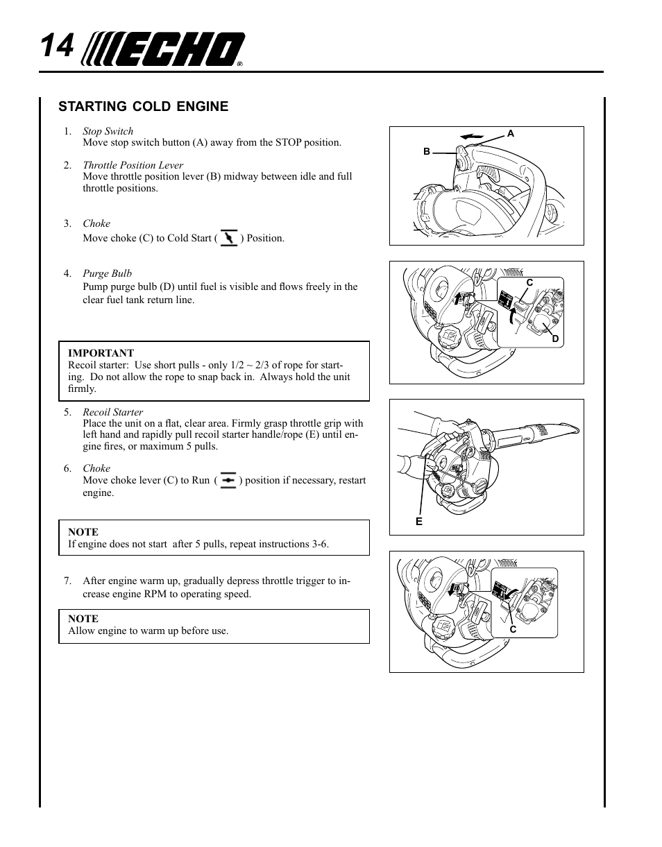 Starting cold engine | Echo SHRED'N'VAC ES-255 User Manual | Page 14 / 32