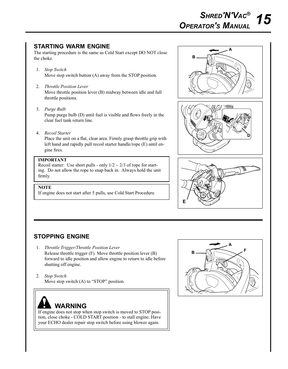 Starting warm engine, Stopping engine | Echo SHRED'N'VAC ES-255 User Manual | Page 15 / 32