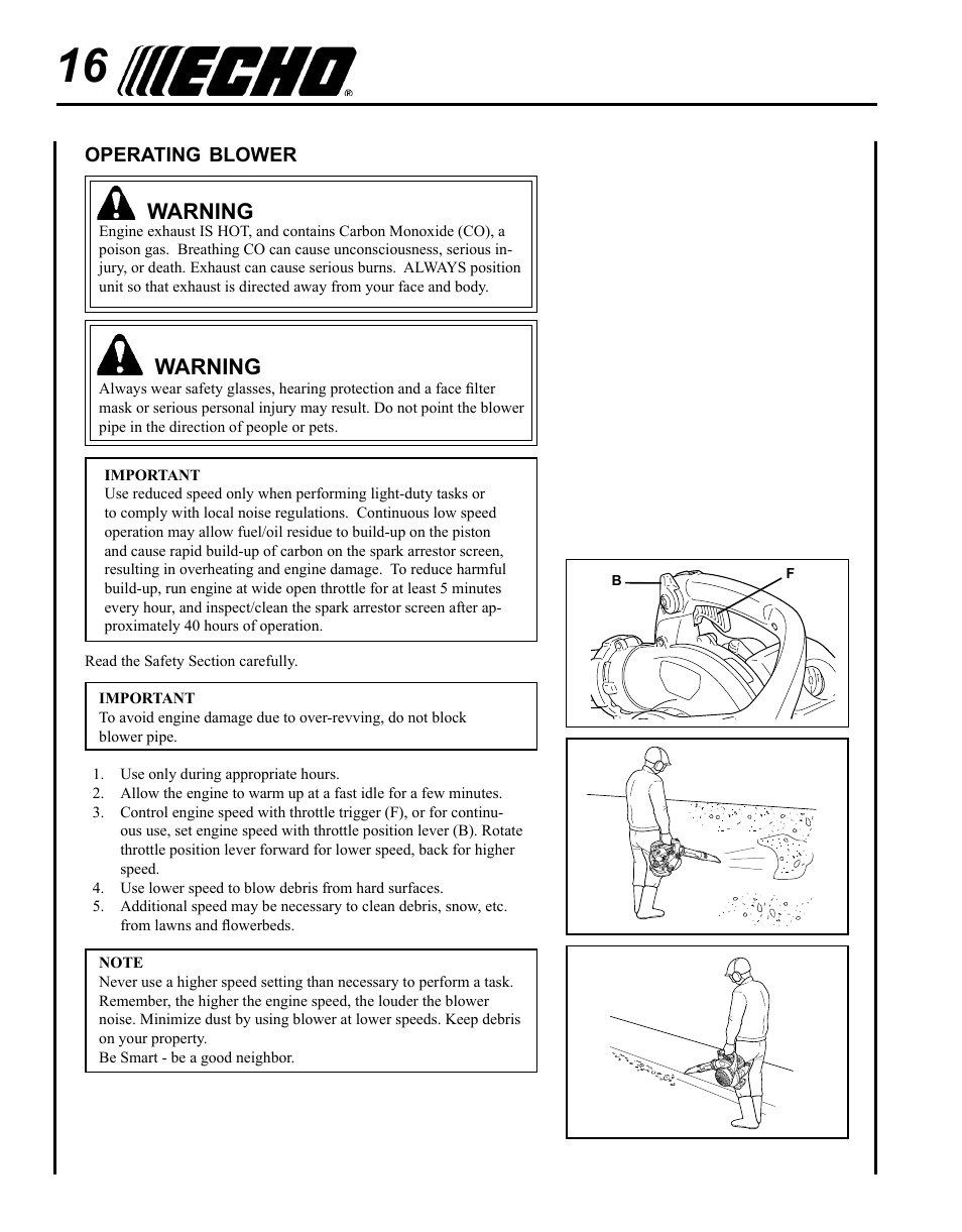 Operating blower, Warning | Echo SHRED'N'VAC ES-255 User Manual | Page 16 / 32