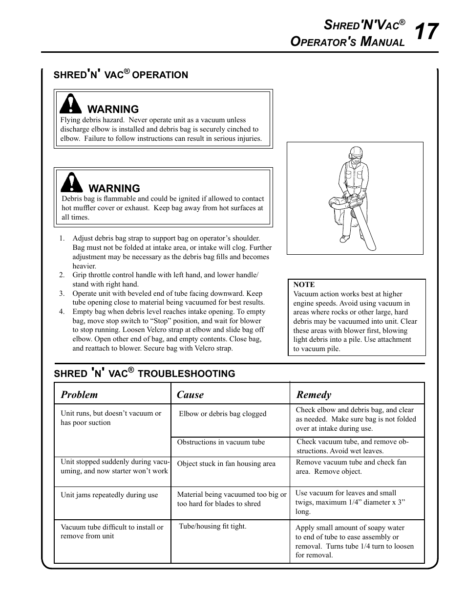 Shred'n' vac® operation, Shred 'n' vac® troubleshooting | Echo SHRED'N'VAC ES-255 User Manual | Page 17 / 32