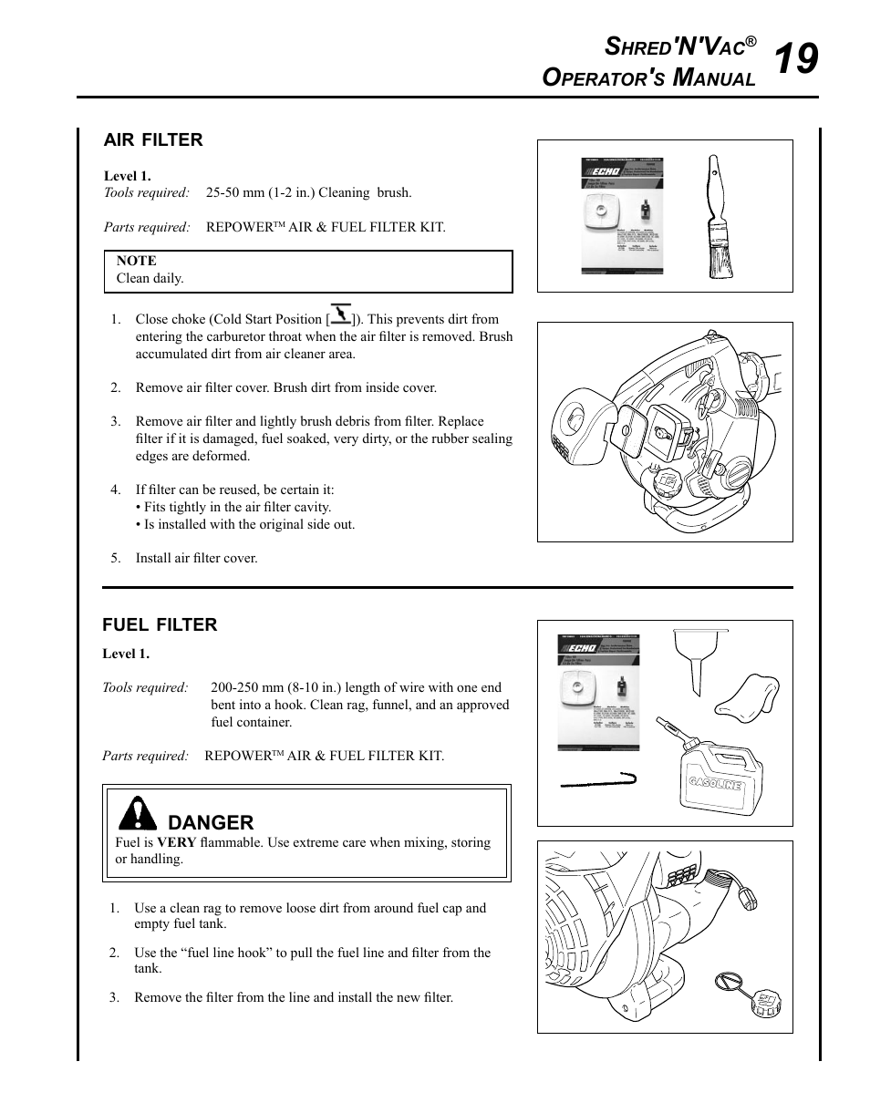 Air filter, Fuel filter | Echo SHRED'N'VAC ES-255 User Manual | Page 19 / 32