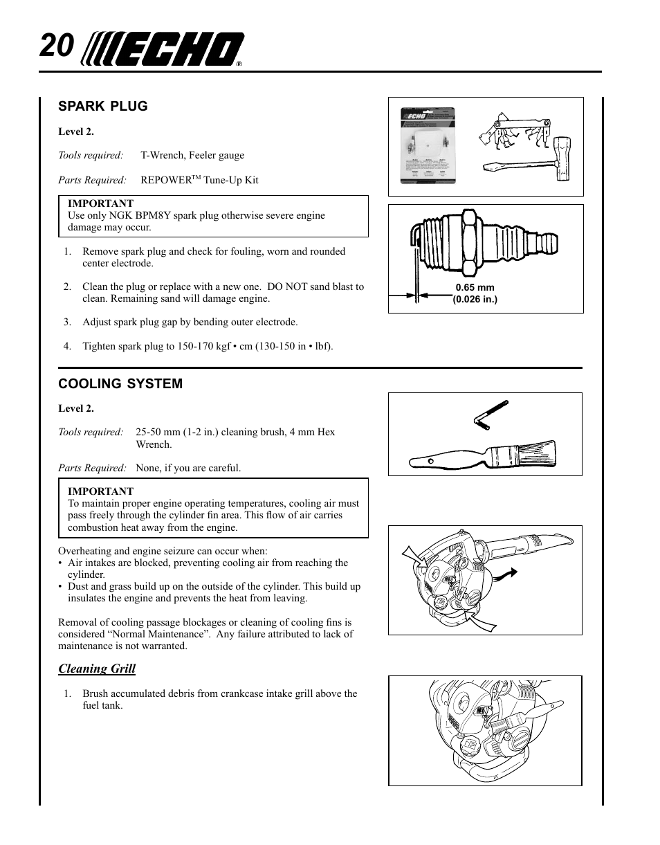 Spark plug, Cooling system | Echo SHRED'N'VAC ES-255 User Manual | Page 20 / 32