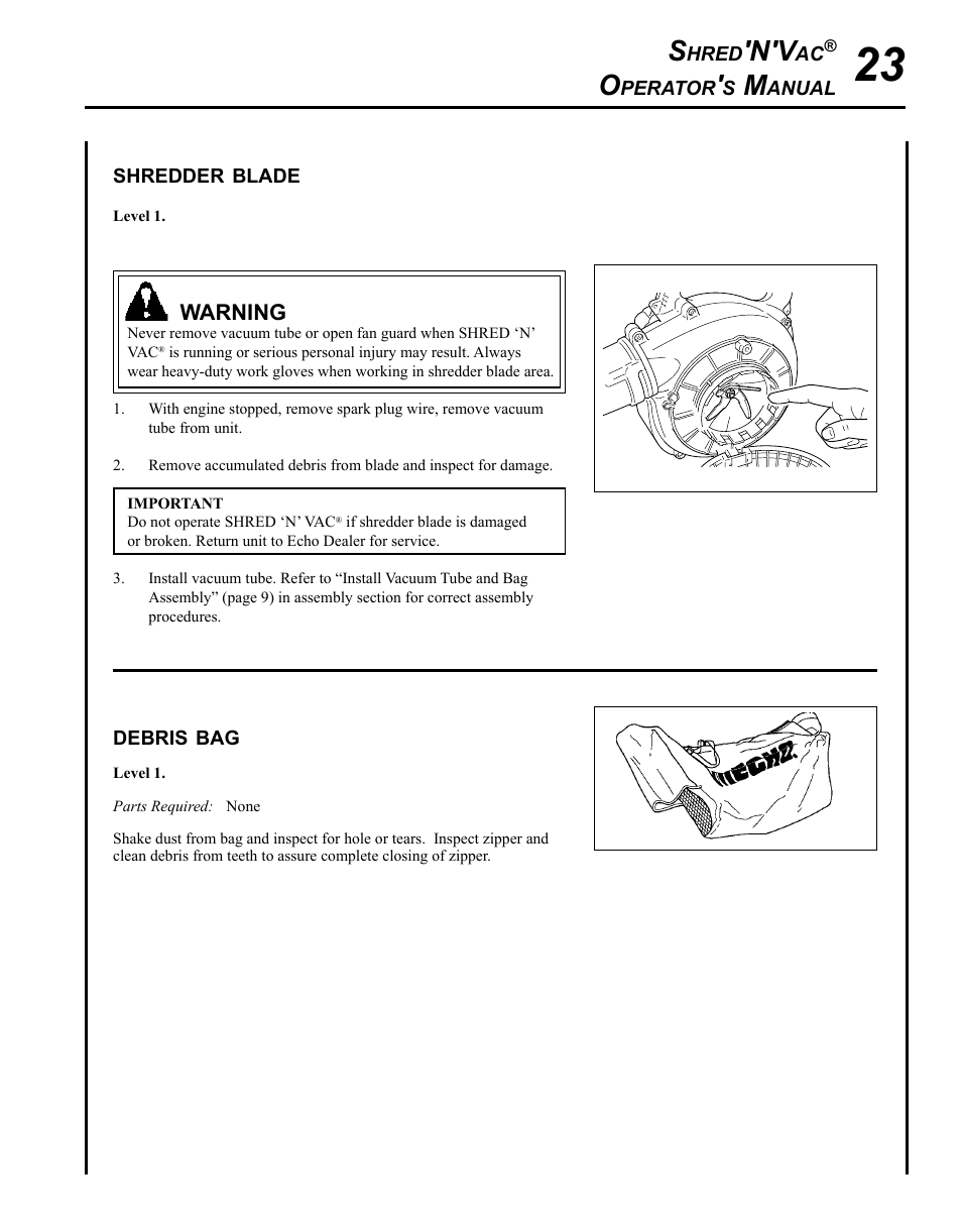 Shredder blade, Debris bag | Echo SHRED'N'VAC ES-255 User Manual | Page 23 / 32