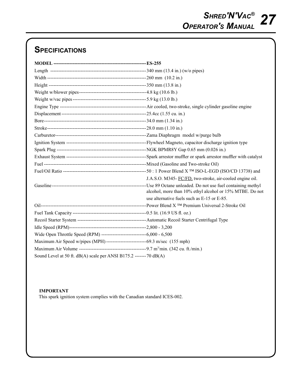 Specifications | Echo SHRED'N'VAC ES-255 User Manual | Page 27 / 32