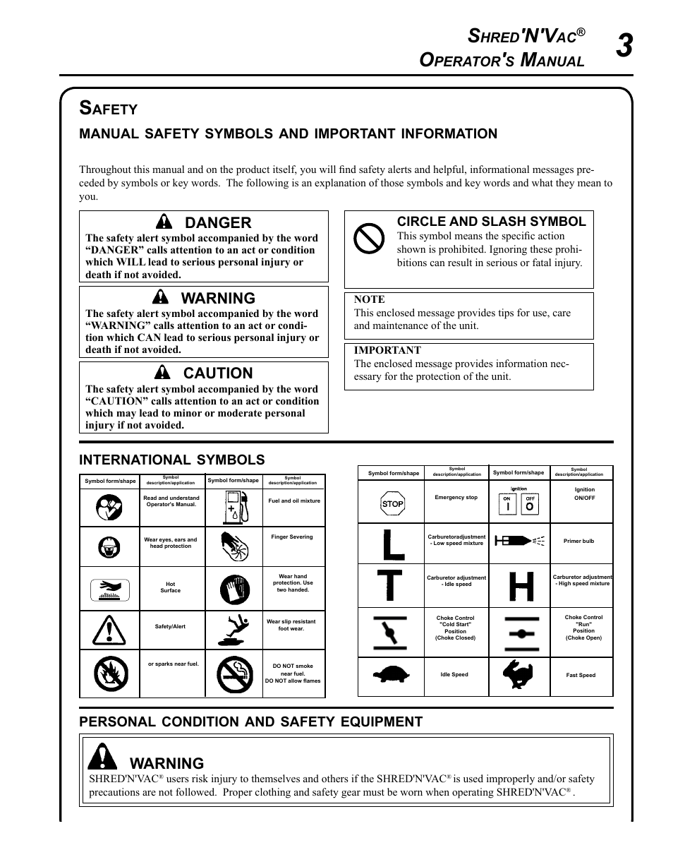 Safety, Warning, Caution | Danger, Hred, Perator, Anual, Afety manual, Symbols, Important | Echo SHRED'N'VAC ES-255 User Manual | Page 3 / 32