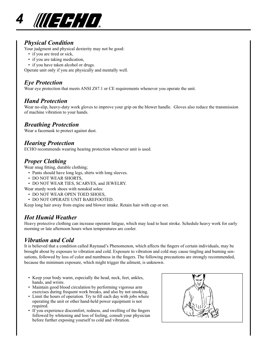 Physical condition, Eye protection, Hand protection | Breathing protection, Hearing protection, Proper clothing, Hot humid weather, Vibration and cold | Echo SHRED'N'VAC ES-255 User Manual | Page 4 / 32