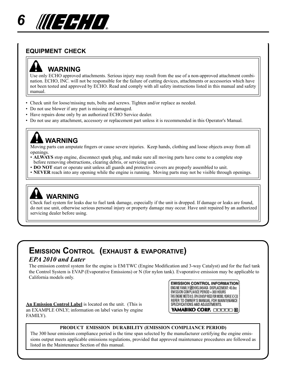 Emission control (exhaust & evaporative) | Echo SHRED'N'VAC ES-255 User Manual | Page 6 / 32