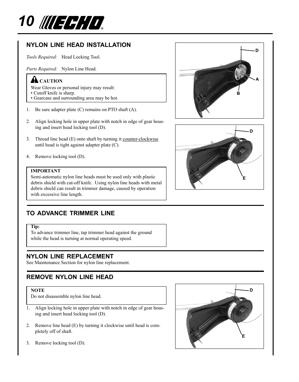 Nylon line head installation, To advance trimmer line, Nylon line replacement | Remove nylon line head | Echo SRM-280 User Manual | Page 10 / 36