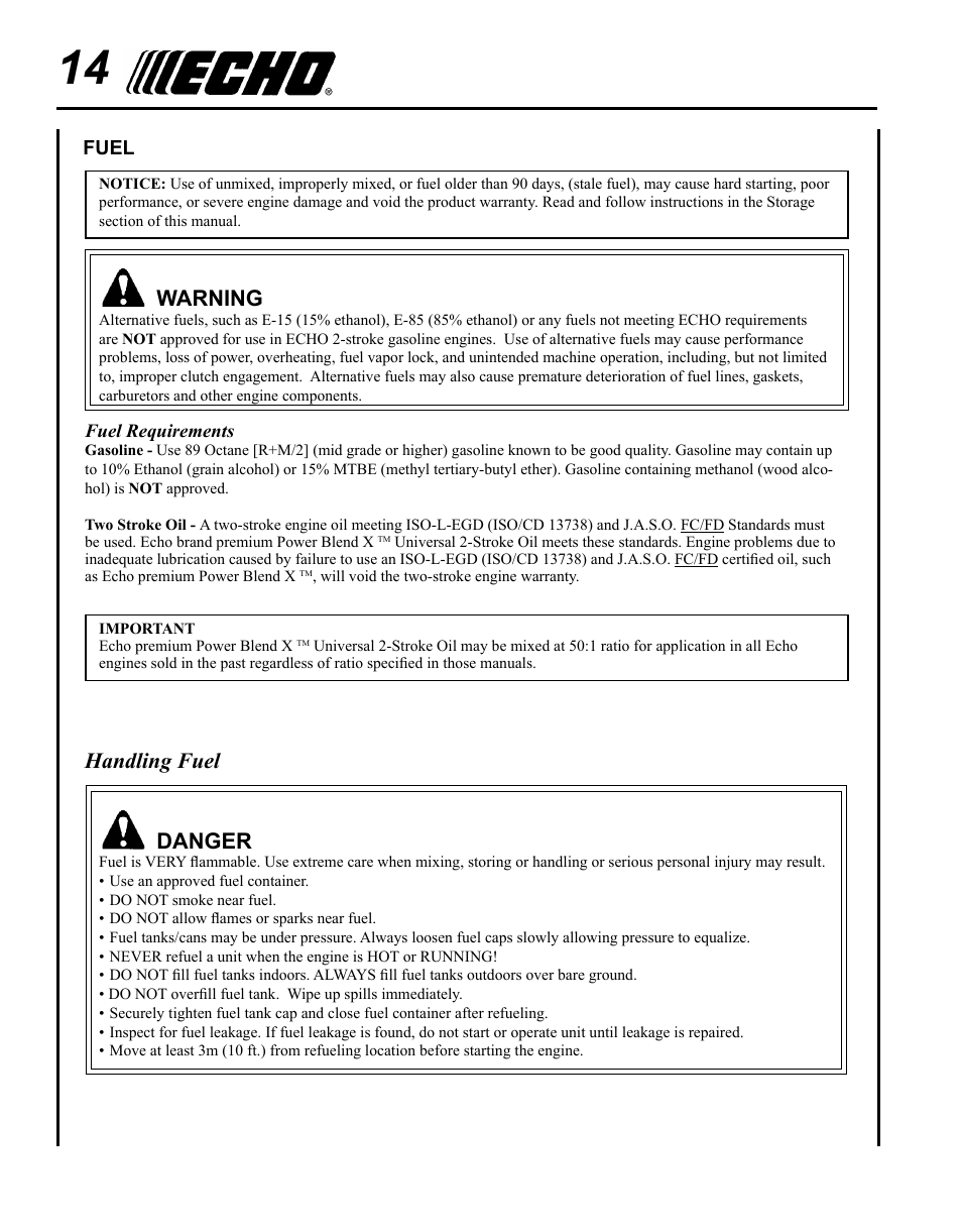 Fuel, Warning, Handling fuel | Danger | Echo SRM-280 User Manual | Page 14 / 36