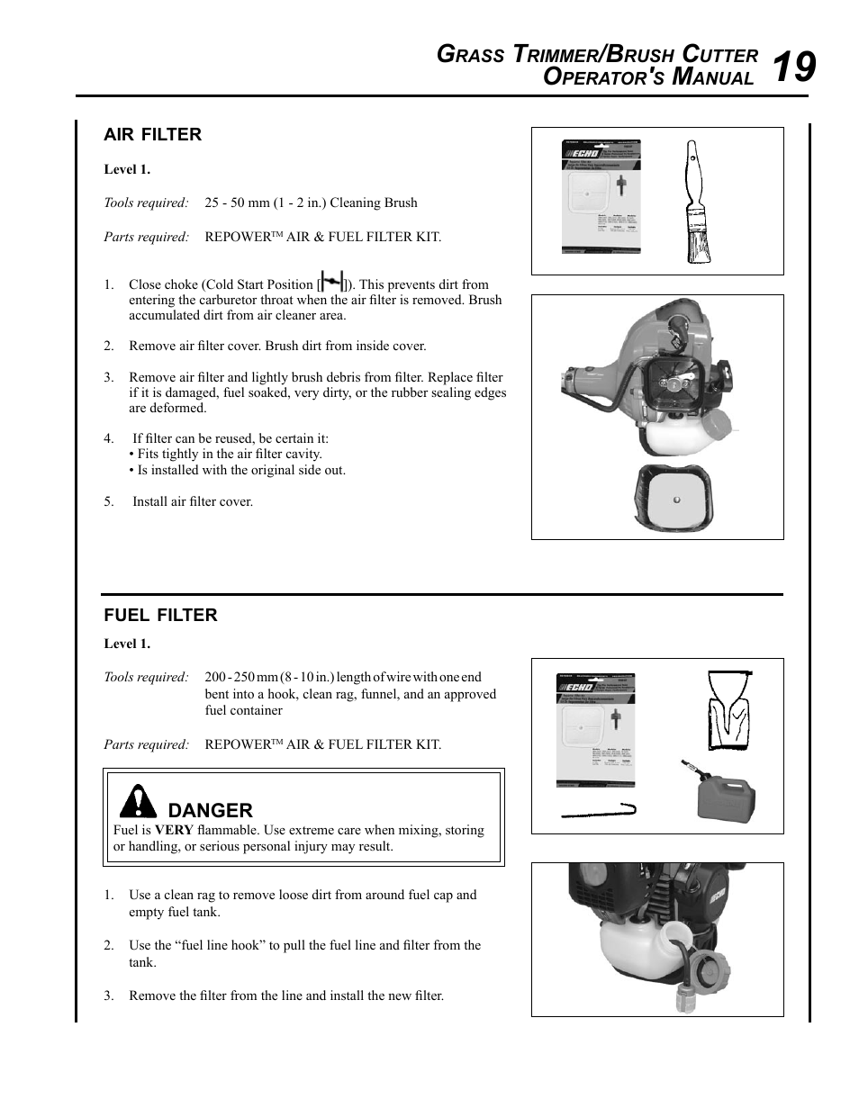 Air filter, Fuel filter | Echo SRM-280 User Manual | Page 19 / 36