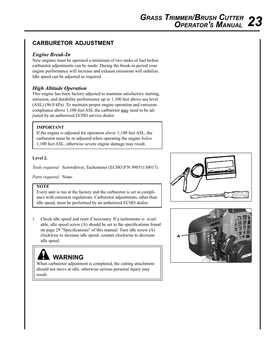 Carburetor adjustment | Echo SRM-280 User Manual | Page 23 / 36