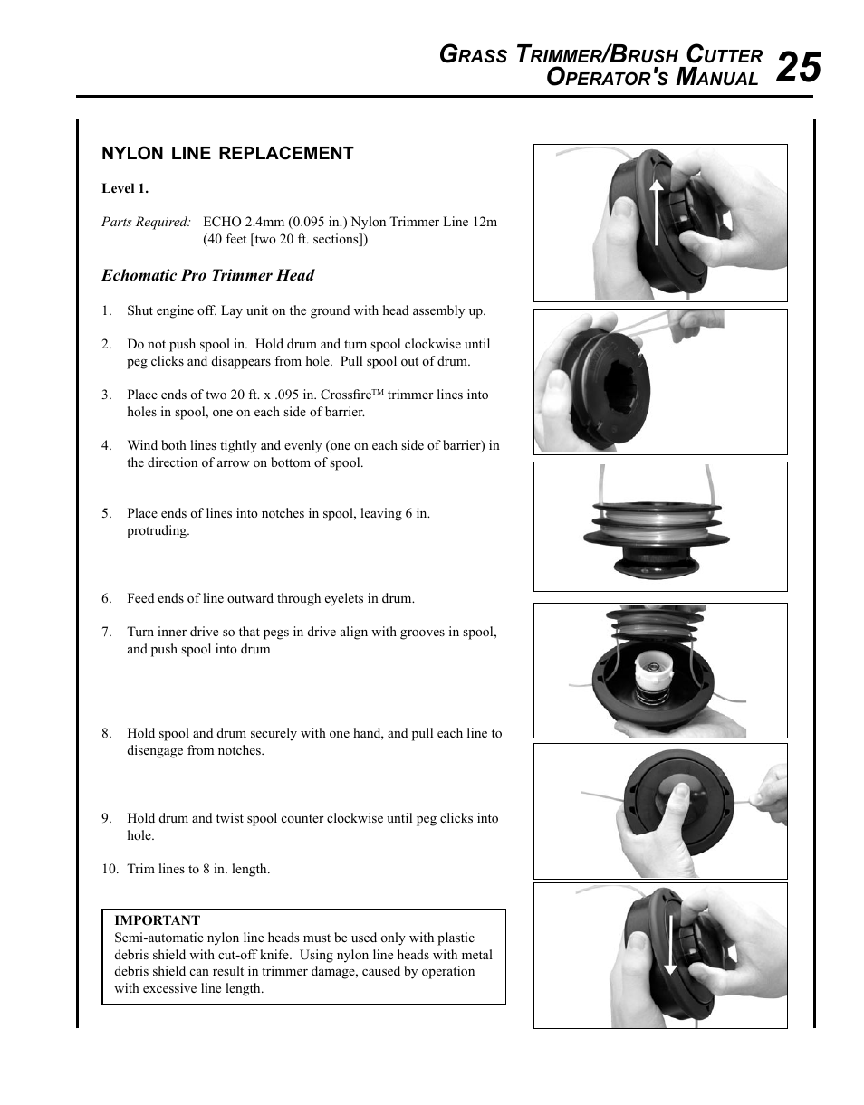 Nylon line replacement | Echo SRM-280 User Manual | Page 25 / 36