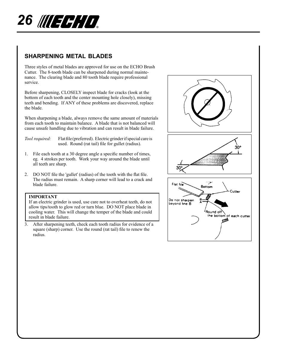 Sharpening metal blades | Echo SRM-280 User Manual | Page 26 / 36