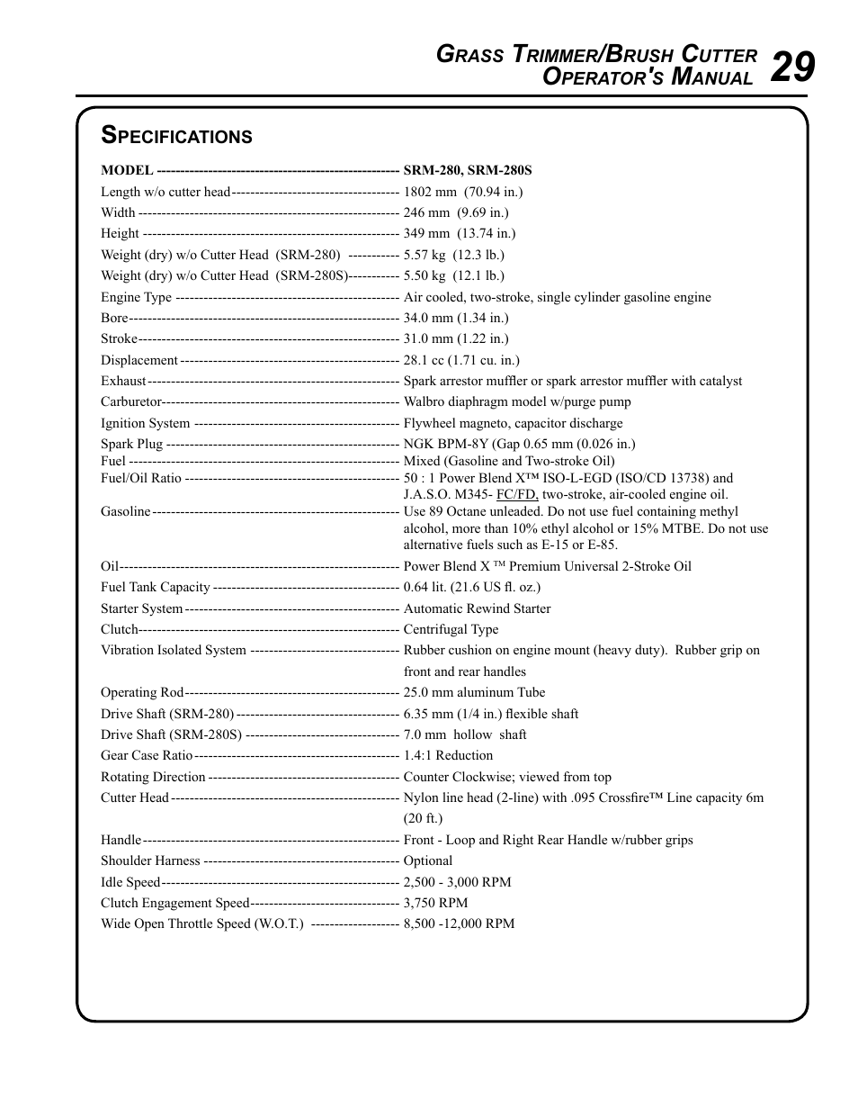 Specifications | Echo SRM-280 User Manual | Page 29 / 36