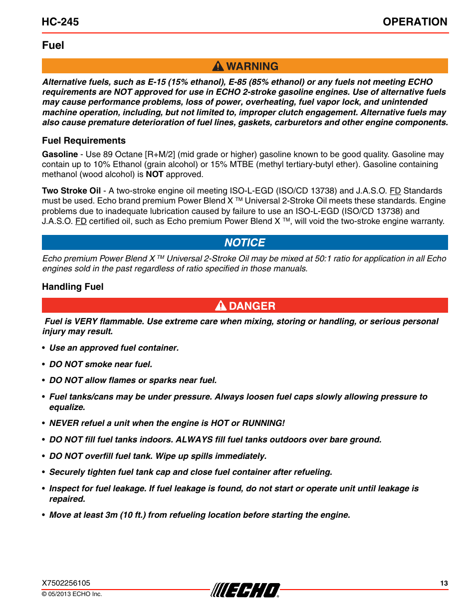 Fuel, Fuel requirements, Handling fuel | Hc-245 operation | Echo HC-245 User Manual | Page 13 / 32