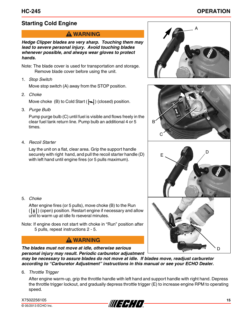 Starting cold engine, Hc-245 operation | Echo HC-245 User Manual | Page 15 / 32