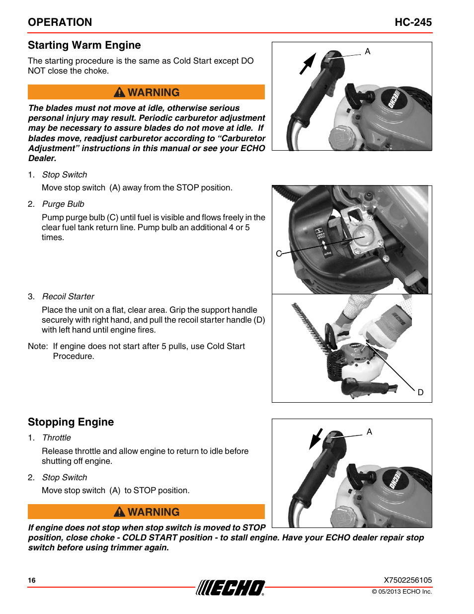 Starting warm engine, Stopping engine, Starting warm engine stopping engine | Operation hc-245 starting warm engine | Echo HC-245 User Manual | Page 16 / 32