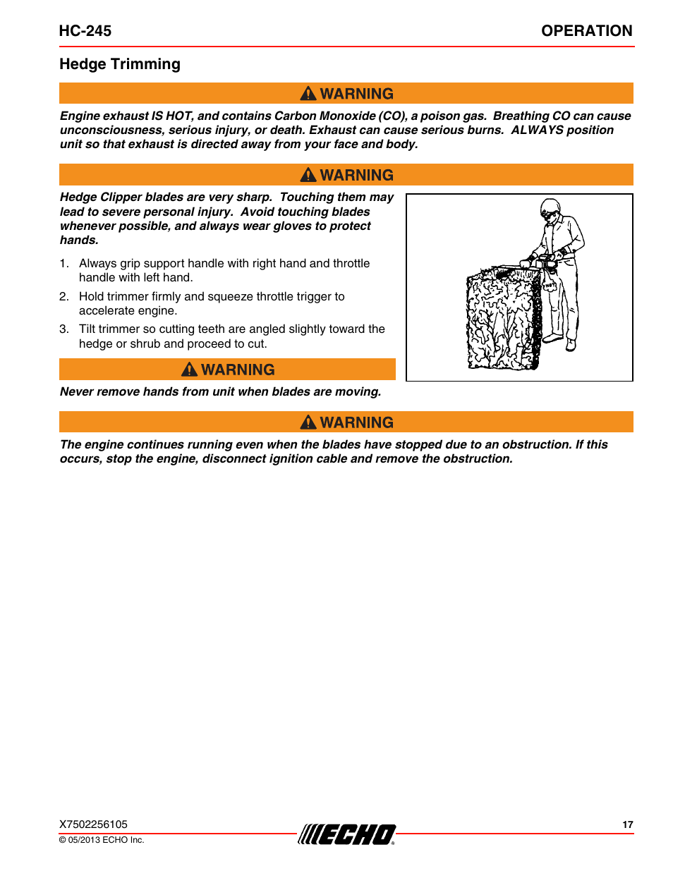 Hedge trimming, Hc-245 operation | Echo HC-245 User Manual | Page 17 / 32