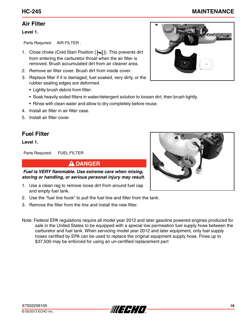 Air filter, Fuel filter, Air filter fuel filter | Hc-245 maintenance | Echo HC-245 User Manual | Page 19 / 32