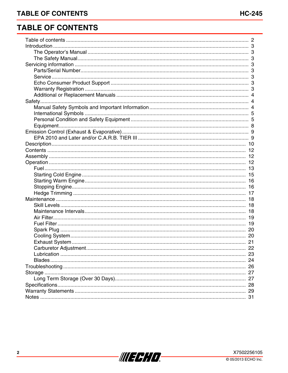 Echo HC-245 User Manual | Page 2 / 32