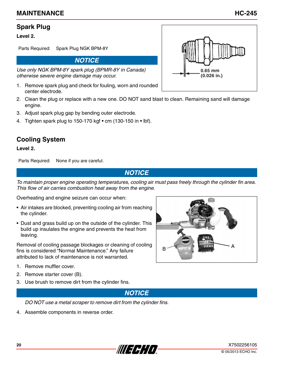 Spark plug, Cooling system, Spark plug cooling system | Maintenance hc-245 spark plug | Echo HC-245 User Manual | Page 20 / 32