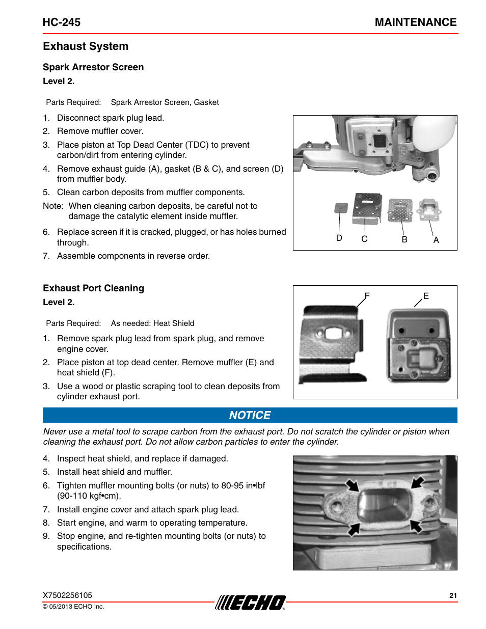 Exhaust system, Spark arrestor screen, Exhaust port cleaning | Hc-245 maintenance | Echo HC-245 User Manual | Page 21 / 32