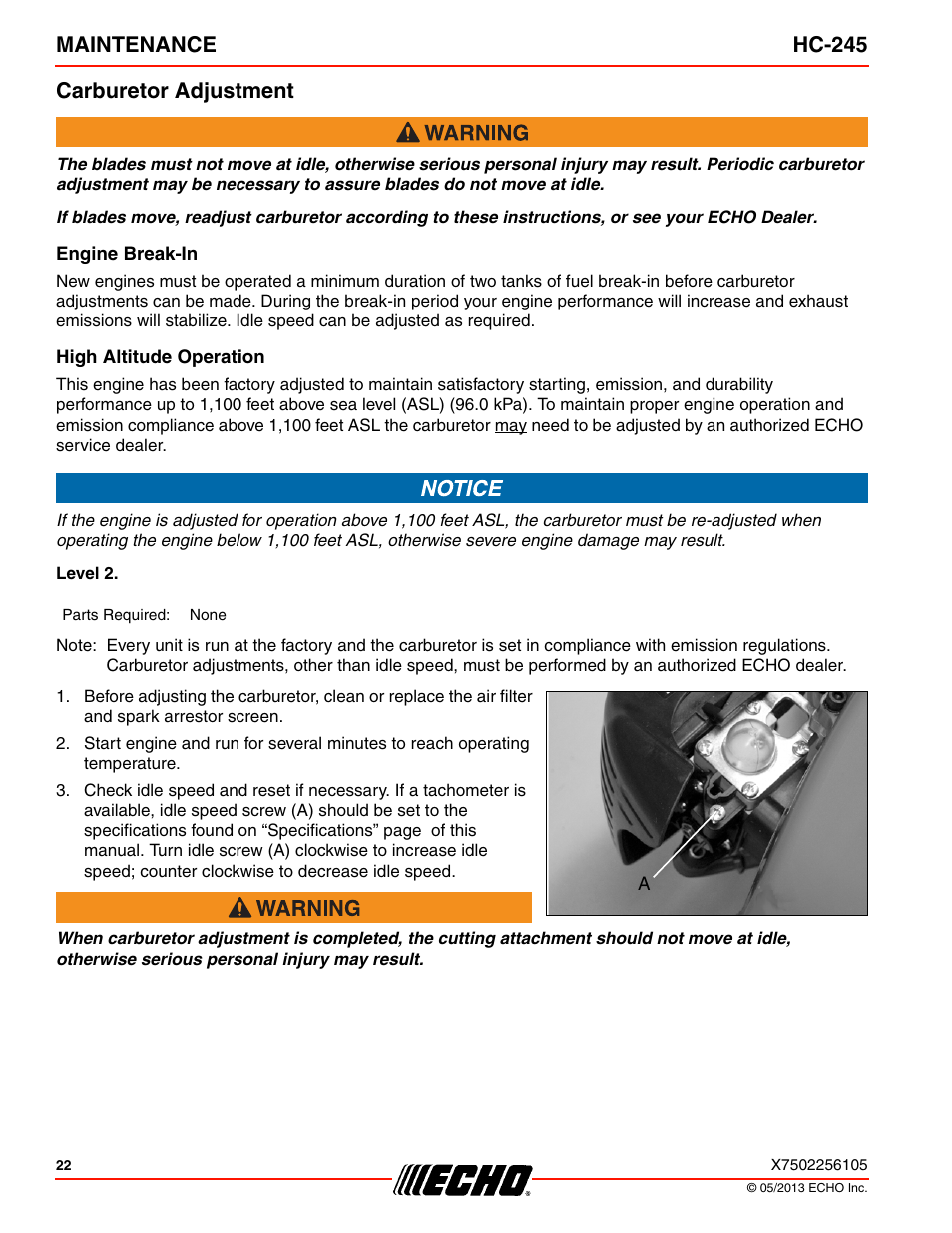 Carburetor adjustment, Engine break-in, High altitude operation | Maintenance hc-245 carburetor adjustment | Echo HC-245 User Manual | Page 22 / 32