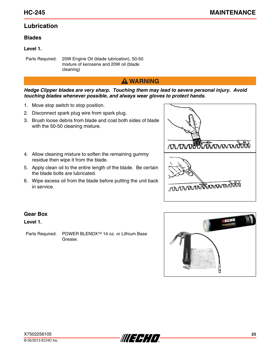 Lubrication, Blades, Level 1 | Gear box, Hc-245 maintenance | Echo HC-245 User Manual | Page 23 / 32