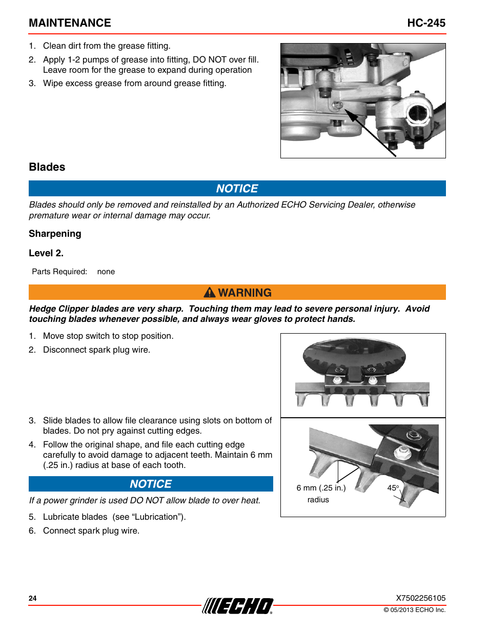 Blades, Sharpening, Level 2 | Maintenance hc-245 | Echo HC-245 User Manual | Page 24 / 32