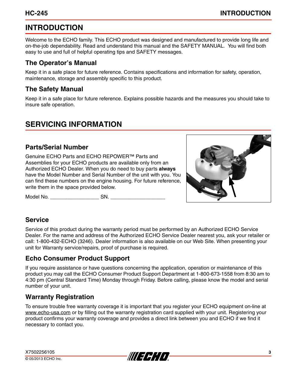 Introduction, The operator’s manual, The safety manual | Servicing information, Parts/serial number, Service, Echo consumer product support, Warranty registration, The operator’s manual the safety manual | Echo HC-245 User Manual | Page 3 / 32