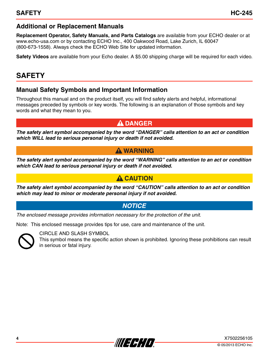Additional or replacement manuals, Safety, Manual safety symbols and important information | Echo HC-245 User Manual | Page 4 / 32