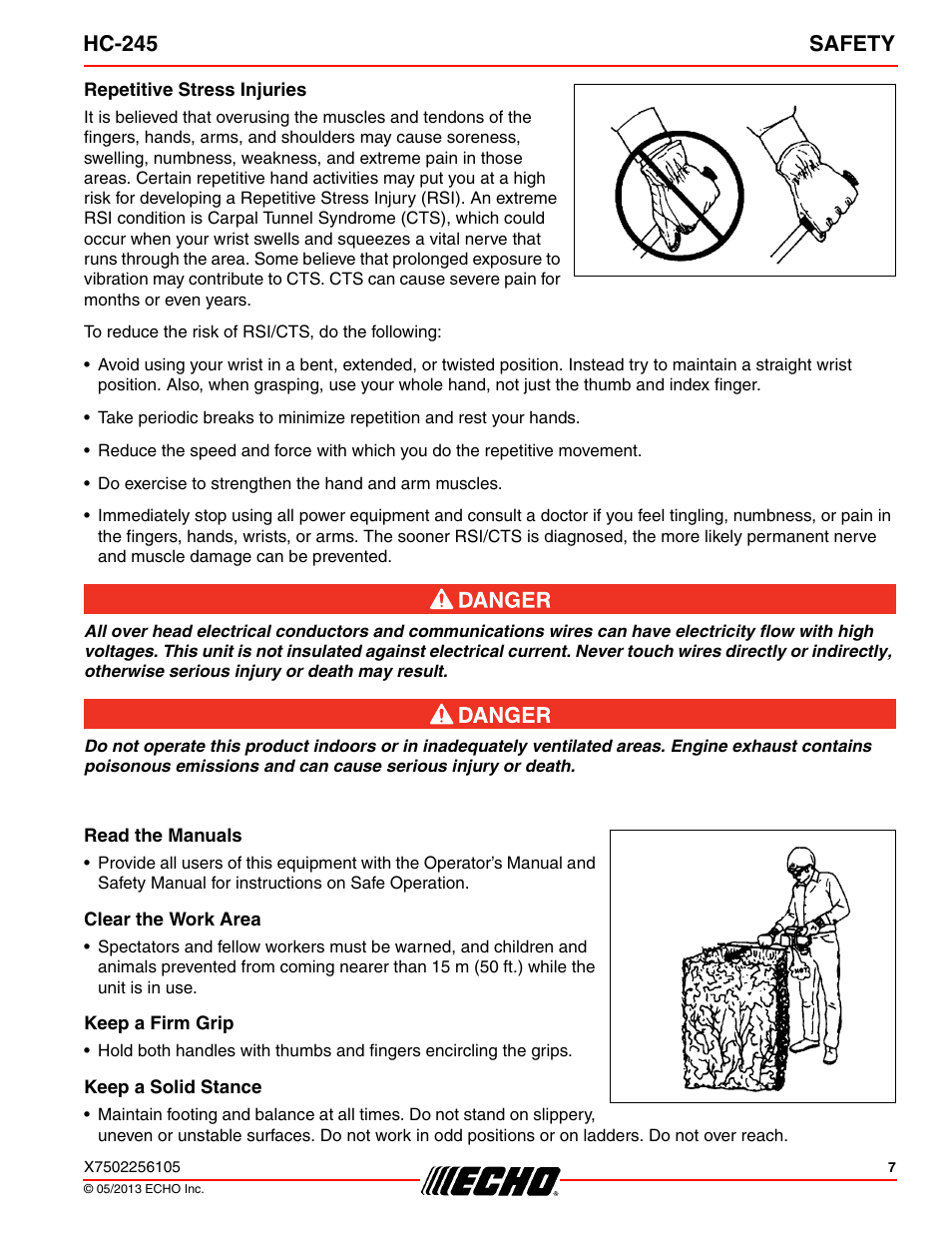 Repetitive stress injuries, Read the manuals, Clear the work area | Keep a firm grip, Keep a solid stance, Hc-245 safety | Echo HC-245 User Manual | Page 7 / 32