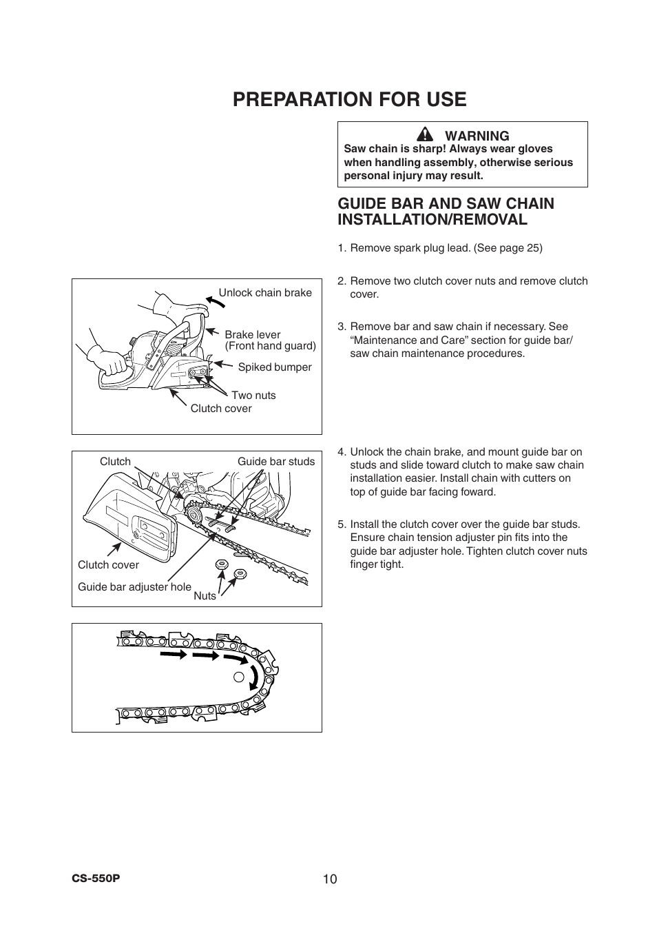 Preparation for use, Guide bar and saw chain installation/removal | Echo CS-550P User Manual | Page 12 / 36