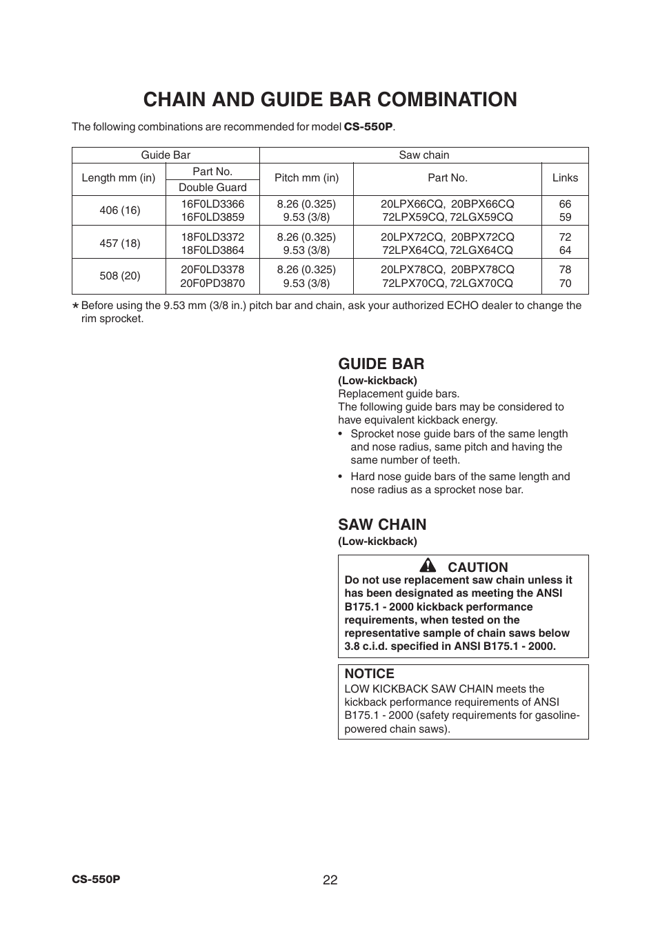 Chain and guide bar combination, Guide bar, Saw chain | Echo CS-550P User Manual | Page 24 / 36