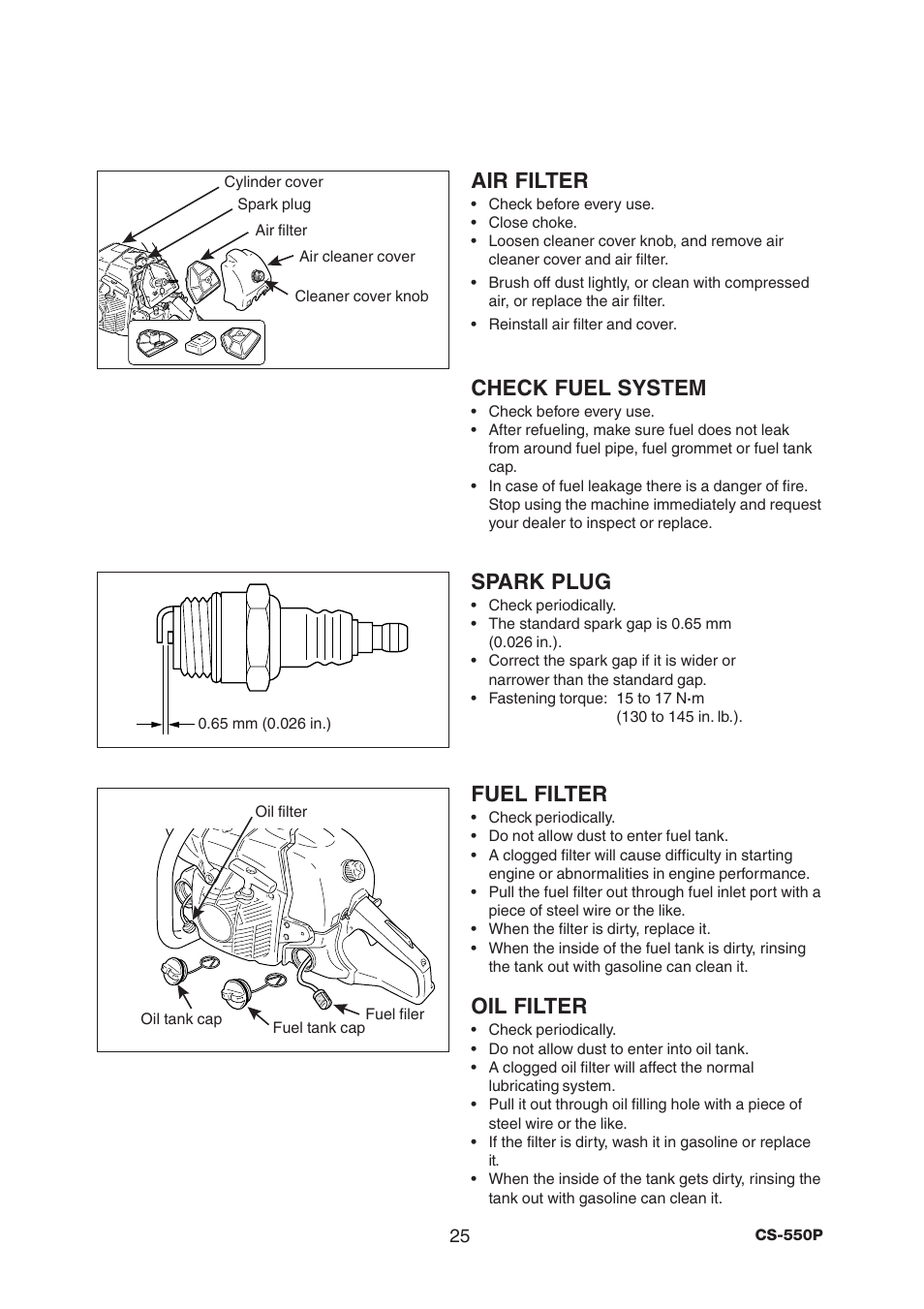 Air filter, Check fuel system, Spark plug | Fuel filter, Oil filter | Echo CS-550P User Manual | Page 27 / 36