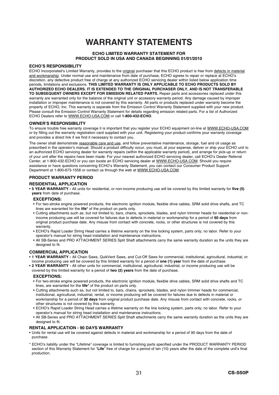 Warranty statements | Echo CS-550P User Manual | Page 33 / 36