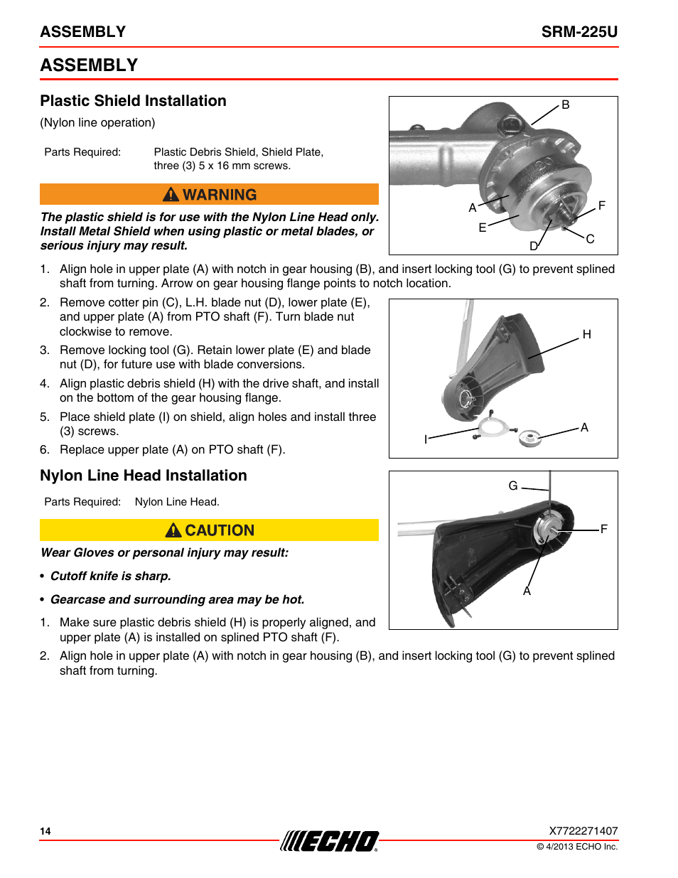 Assembly, Plastic shield installation, Nylon line head installation | Assembly srm-225u | Echo SRM-225U User Manual | Page 14 / 40