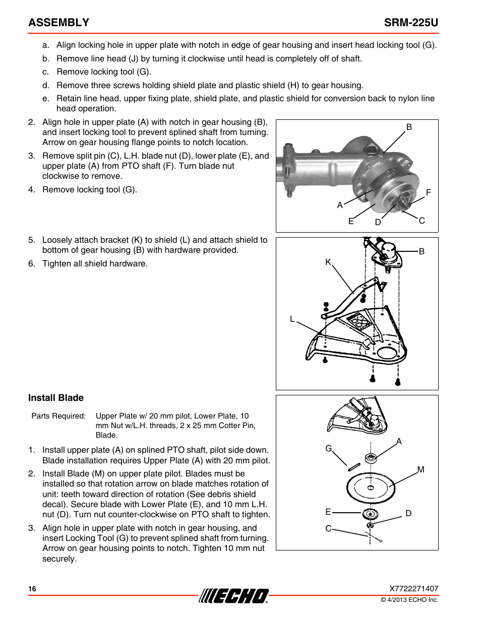 Install blade, Assembly srm-225u | Echo SRM-225U User Manual | Page 16 / 40